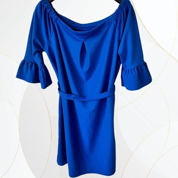 ABS Allen Schwartz Off Shoulder Bell Sleeve Mini Dress Indigo Blue - Picture 7 of 8